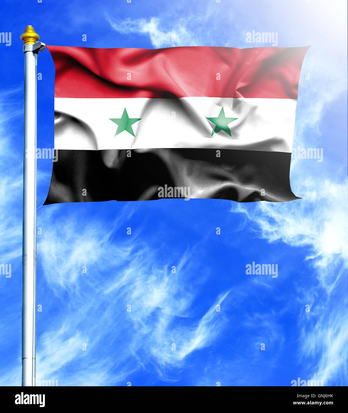 Blue sky and mast with hanged waving flag of Syria Stock Photo - Alamy