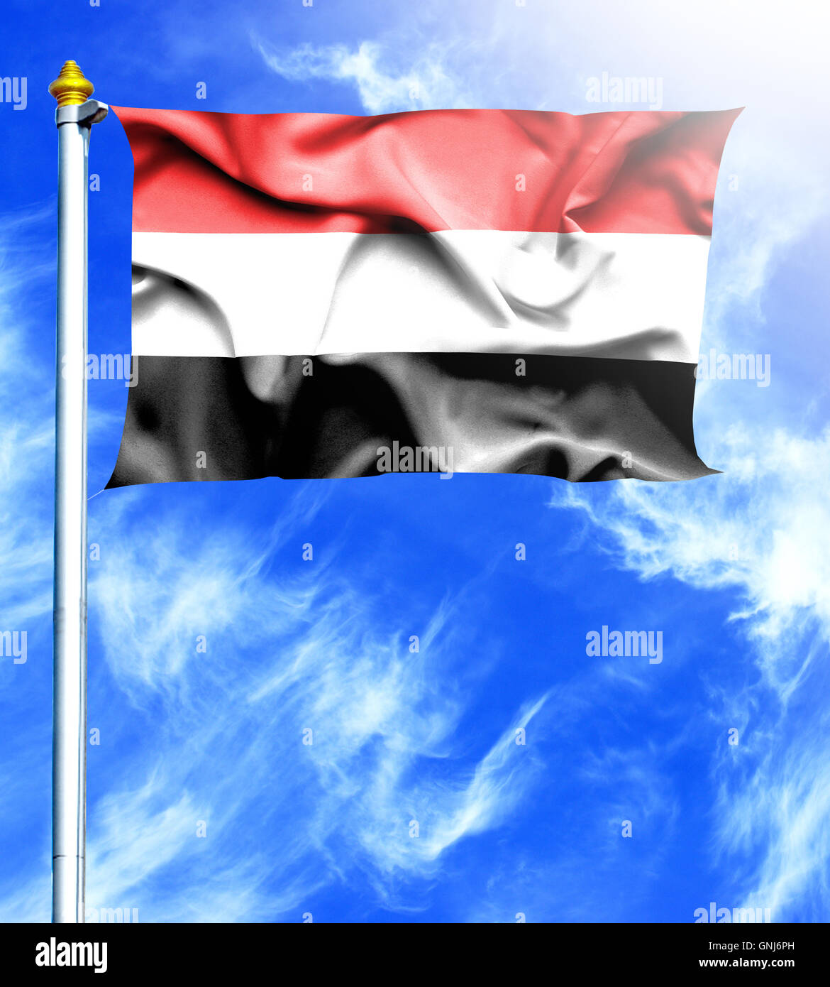 Blue sky and mast with hanged waving flag of Yemen Stock Photo - Alamy