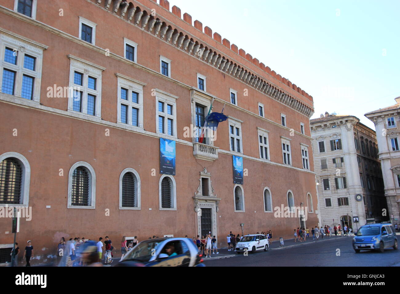 The window that Benito Mussolini used to give his speeches from near Altare della Patria, Rome, Italy Stock Photo