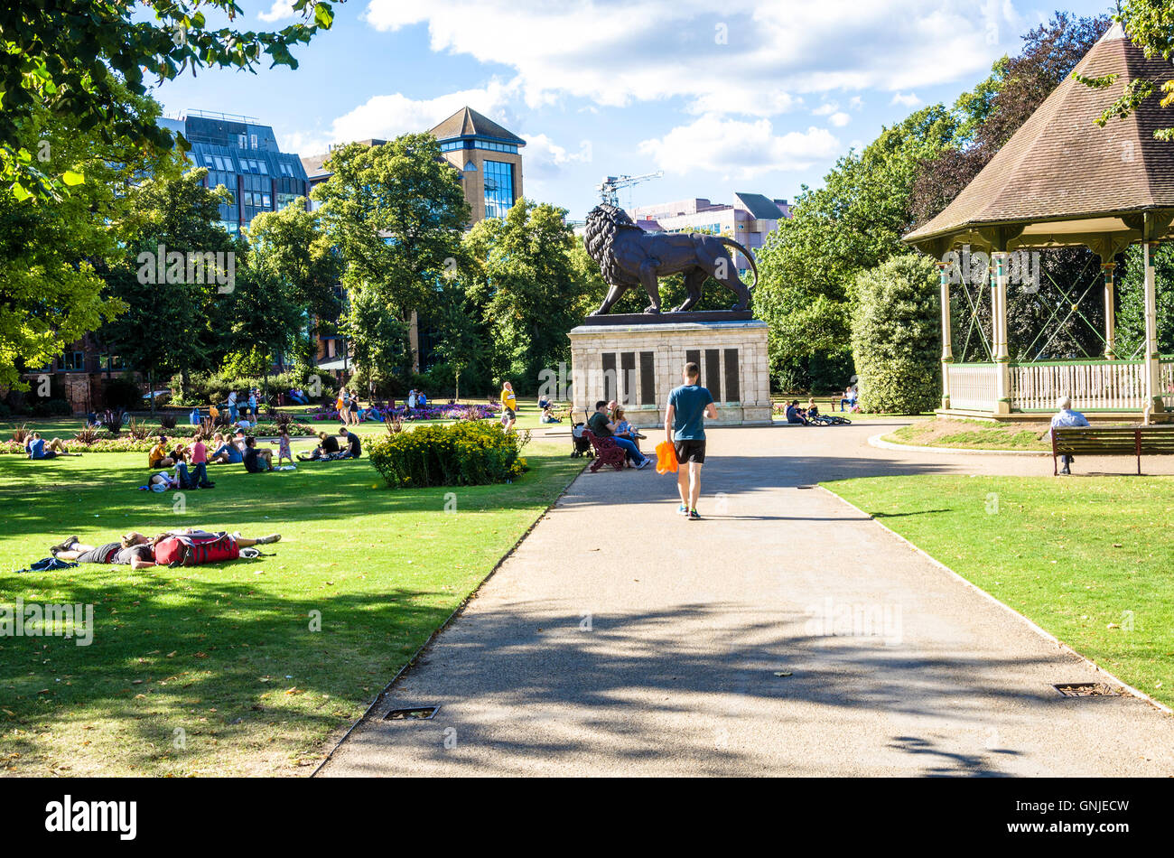 A view looking across Forbury Gardens in Reading, UK which features the Maiwand Lion at it's centre. Stock Photo