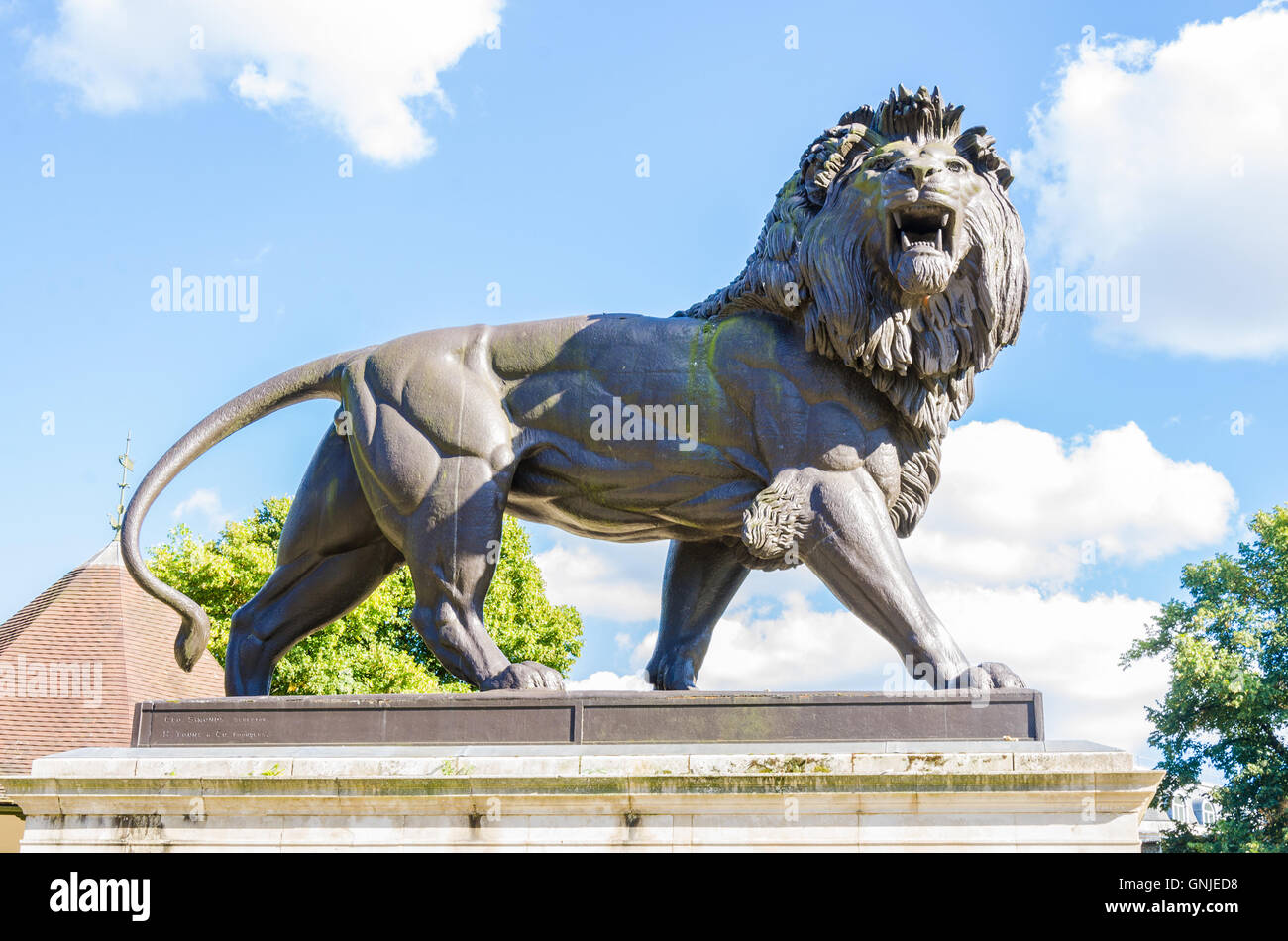 The Maiwand Lion stands in the centre of Forbury Gardens in Reading, Berkshire. Stock Photo