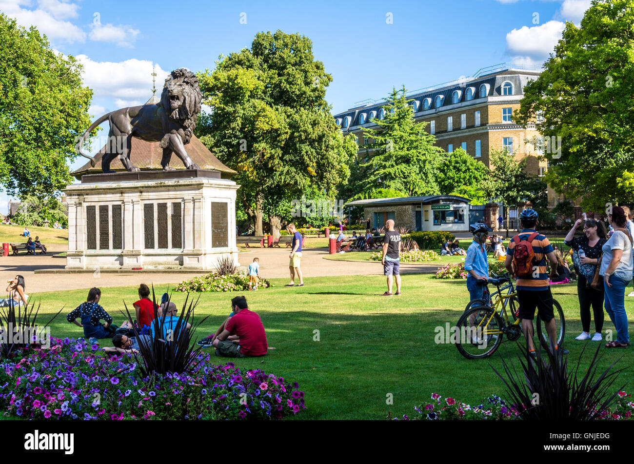 A view looking across Forbury Gardens in Reading, UK which features the Maiwand Lion at it's centre. Stock Photo