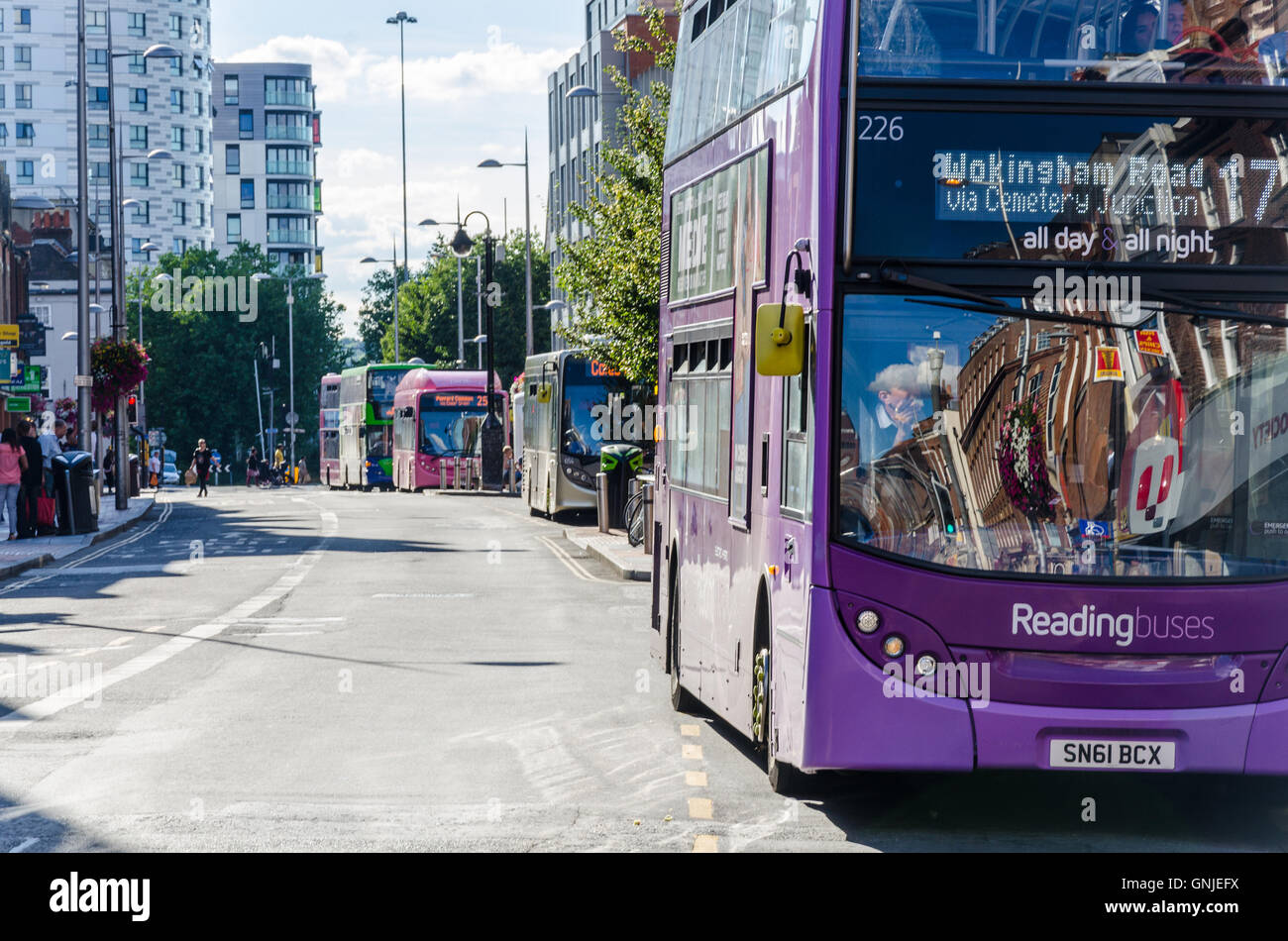 Buses wait to depart from Friar Street in Reading, Berkshire Stock Photo