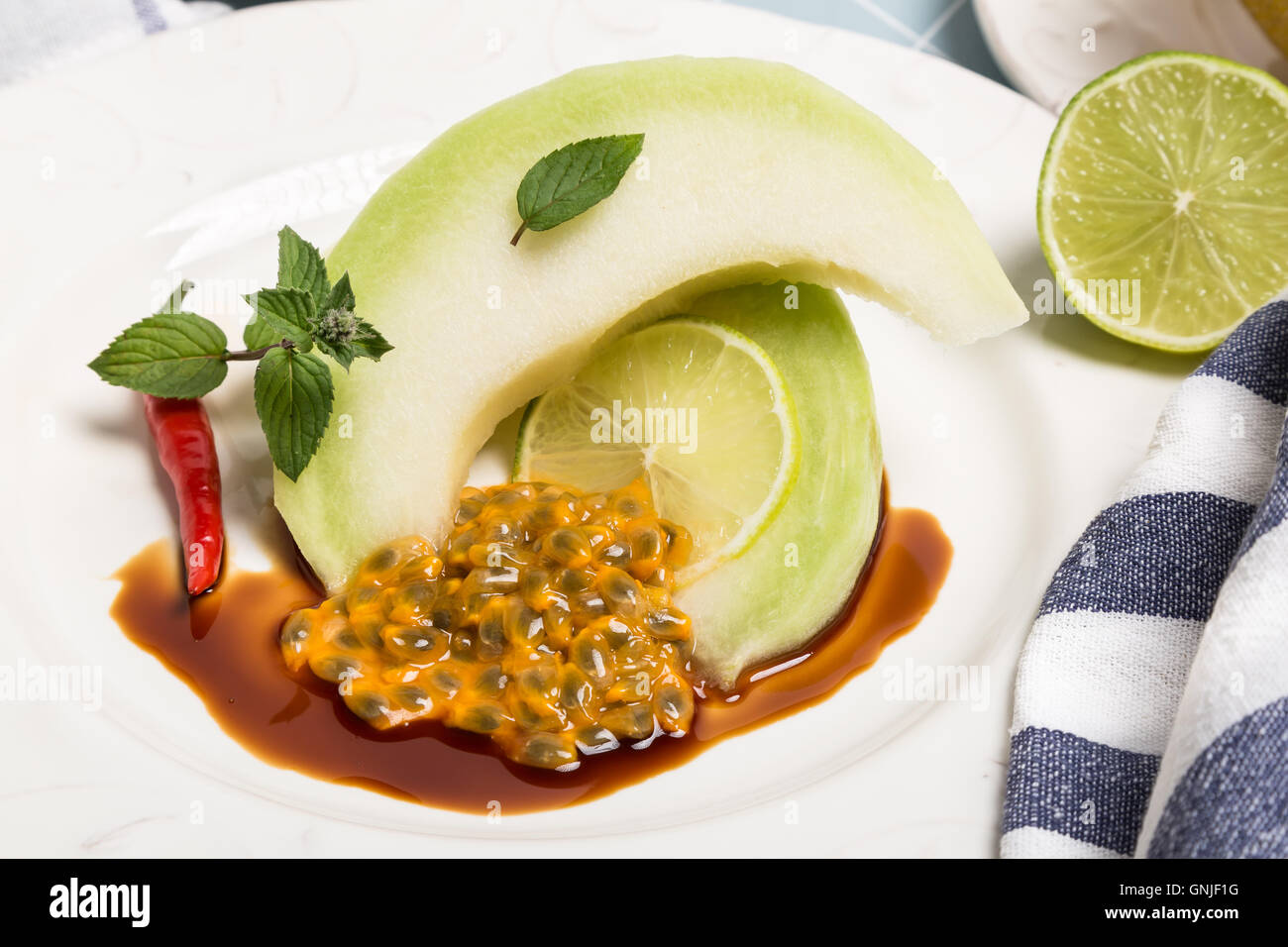 Sweet melon, maraquia and lime with chilli Stock Photo
