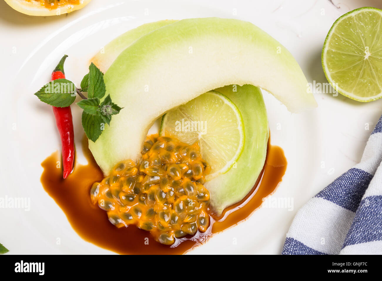Sweet melon, maraquia and lime with chilli Stock Photo