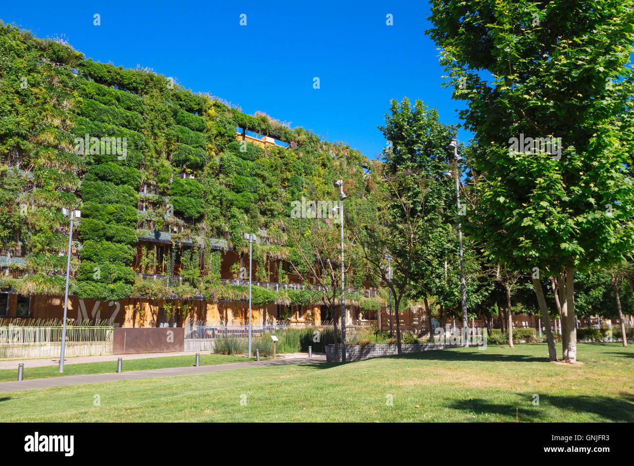 Sustainable green building, with green facade Stock Photo