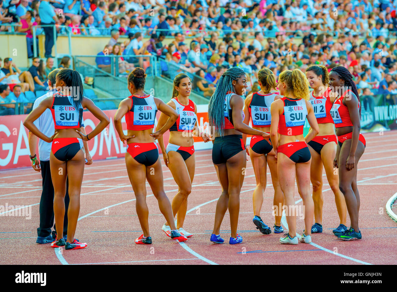 Debriefing of the Swiss 4x100 Relay Women, Teams SUI  and SUI2, after the race at Athletissima 2016 Stock Photo