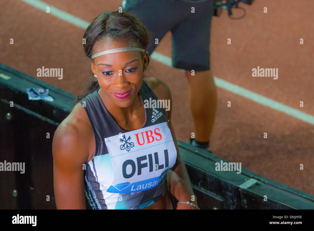 Cindy Ofili (GBR) after her 100m Hurdles at Athletissima 2016, IAAF, Diamond League in Lausanne, Switzerland. Stock Photo