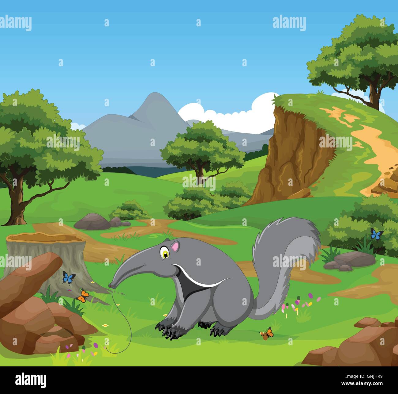 funny anteater cartoon in the jungle with landscape background Stock Vector