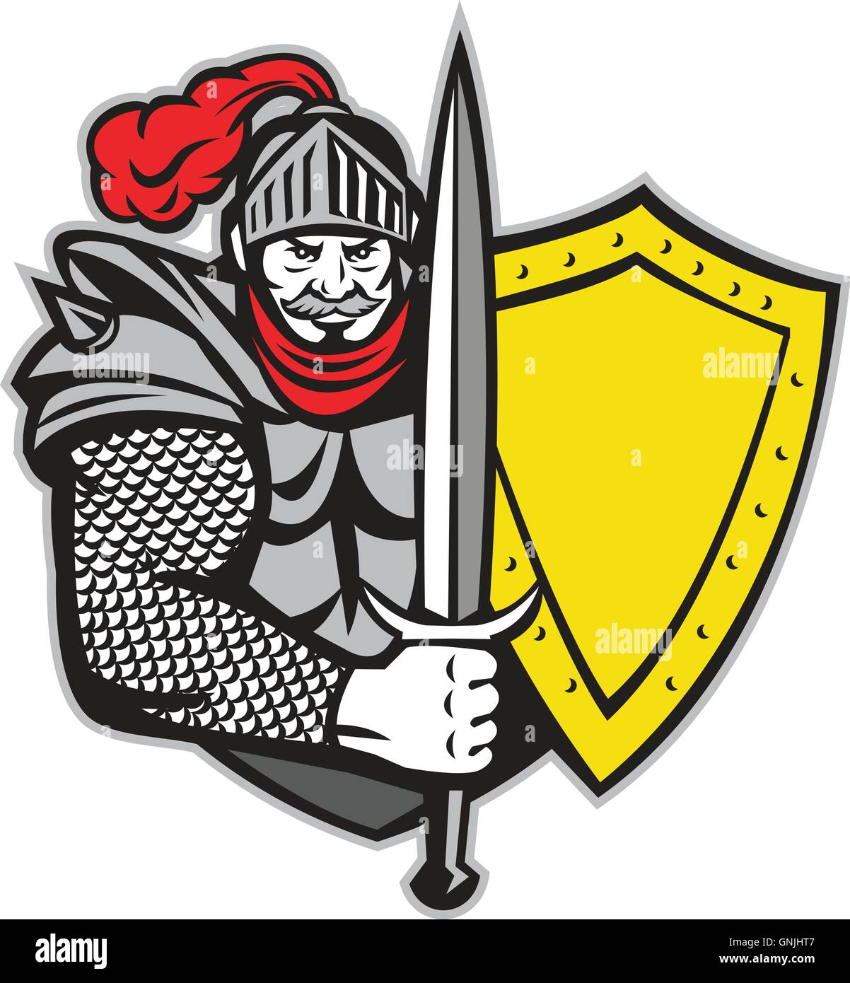Knight Full Armor Open Visor Sword Shield Retro Stock Vector Image