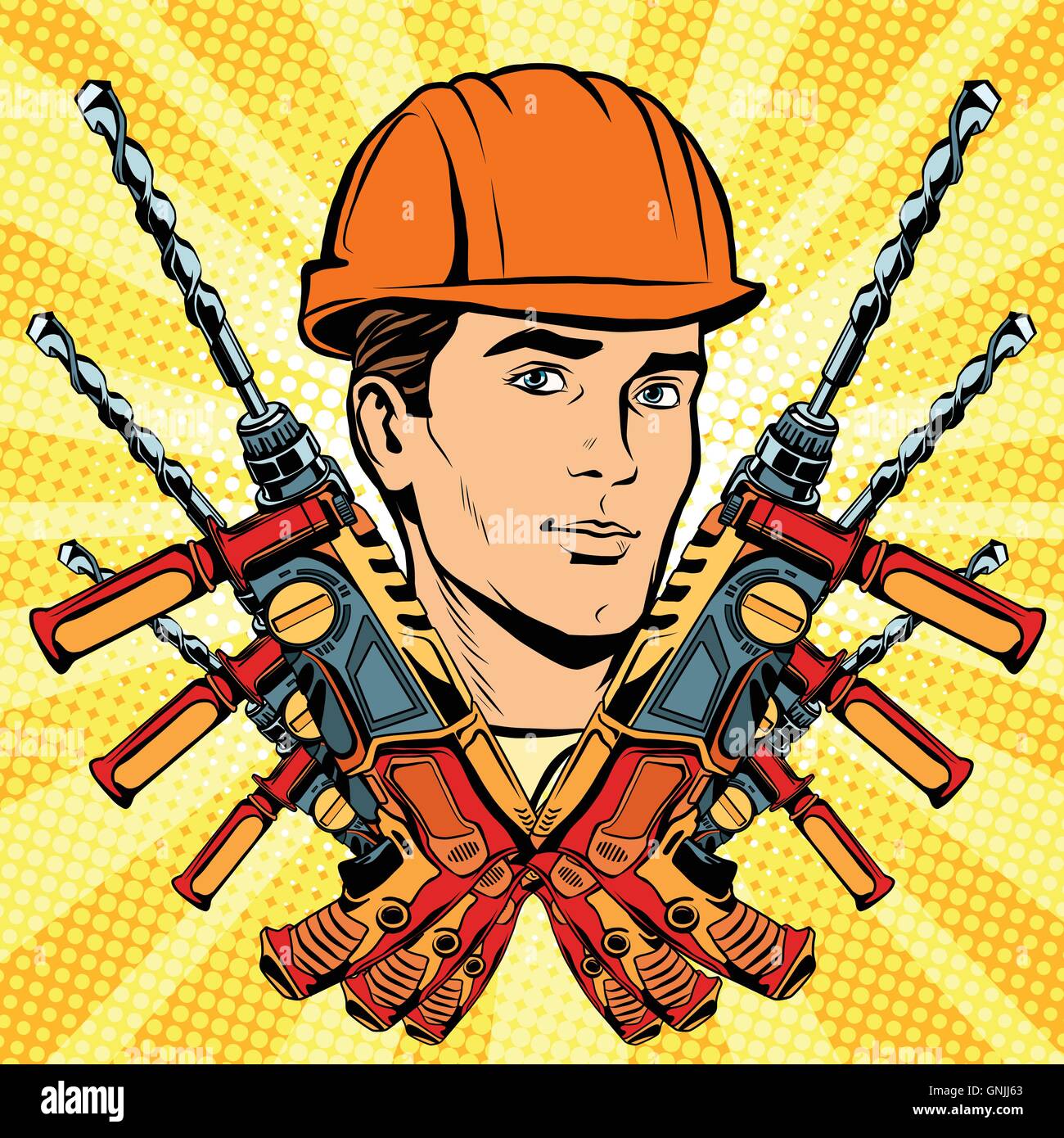 Male Builder work and electric drill Stock Vector