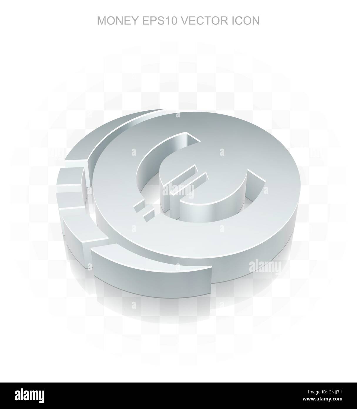 Currency icon: Flat metallic 3d Euro Coin, transparent shadow, EPS 10 vector. Stock Vector