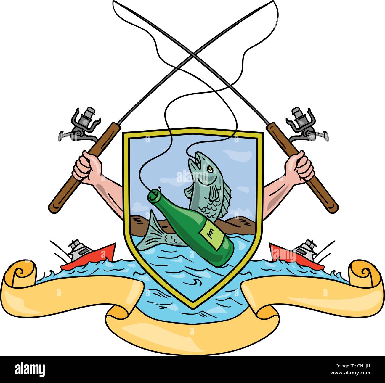 Fishing Rod Reel Hooking Fish Beer Bottle Coat of Arms Drawing Stock