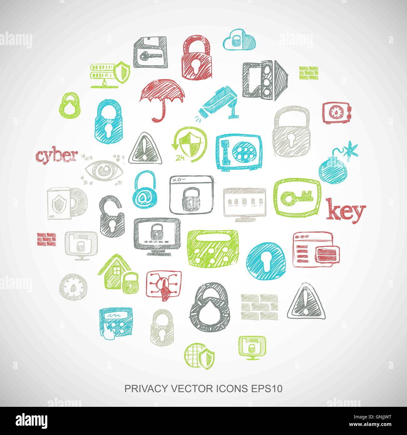 Multicolor doodles Hand Drawn Security Icons set on White. EPS10 vector illustration. Stock Vector