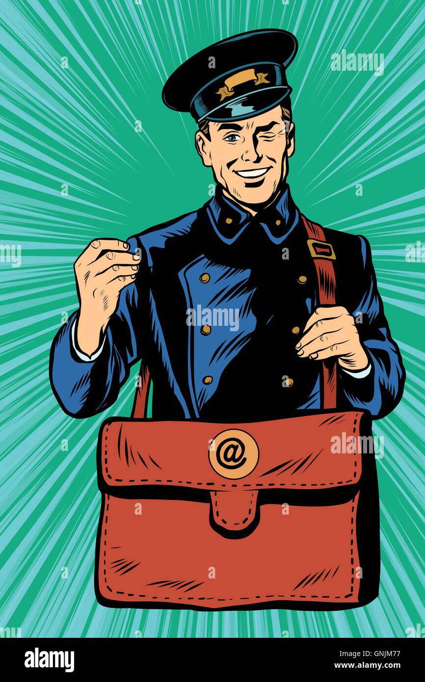 Friendly retro postman in blue uniform with bag Stock Vector