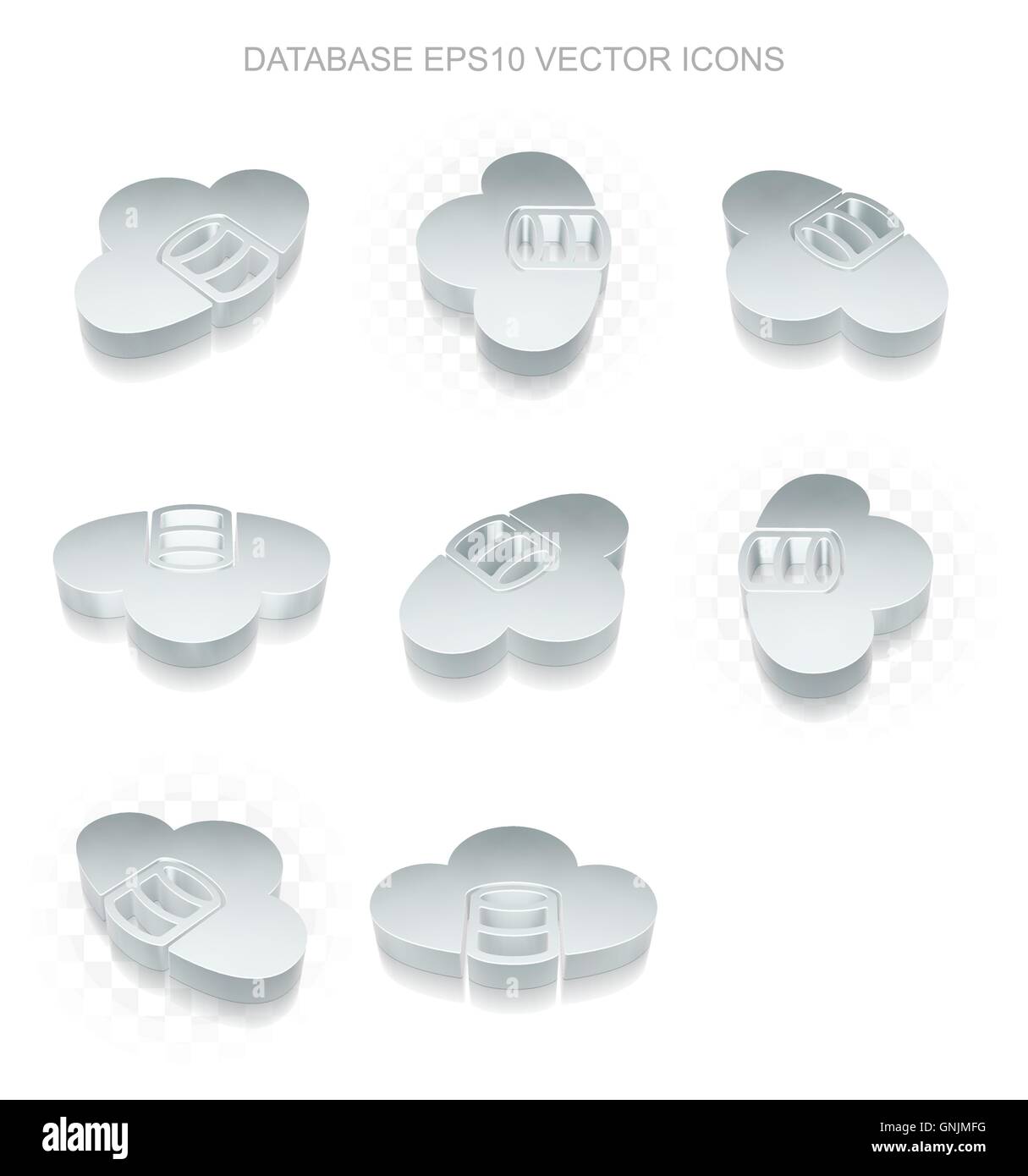 Programming icons set: different views of metallic Database With Cloud, transparent shadow, EPS 10 vector. Stock Vector
