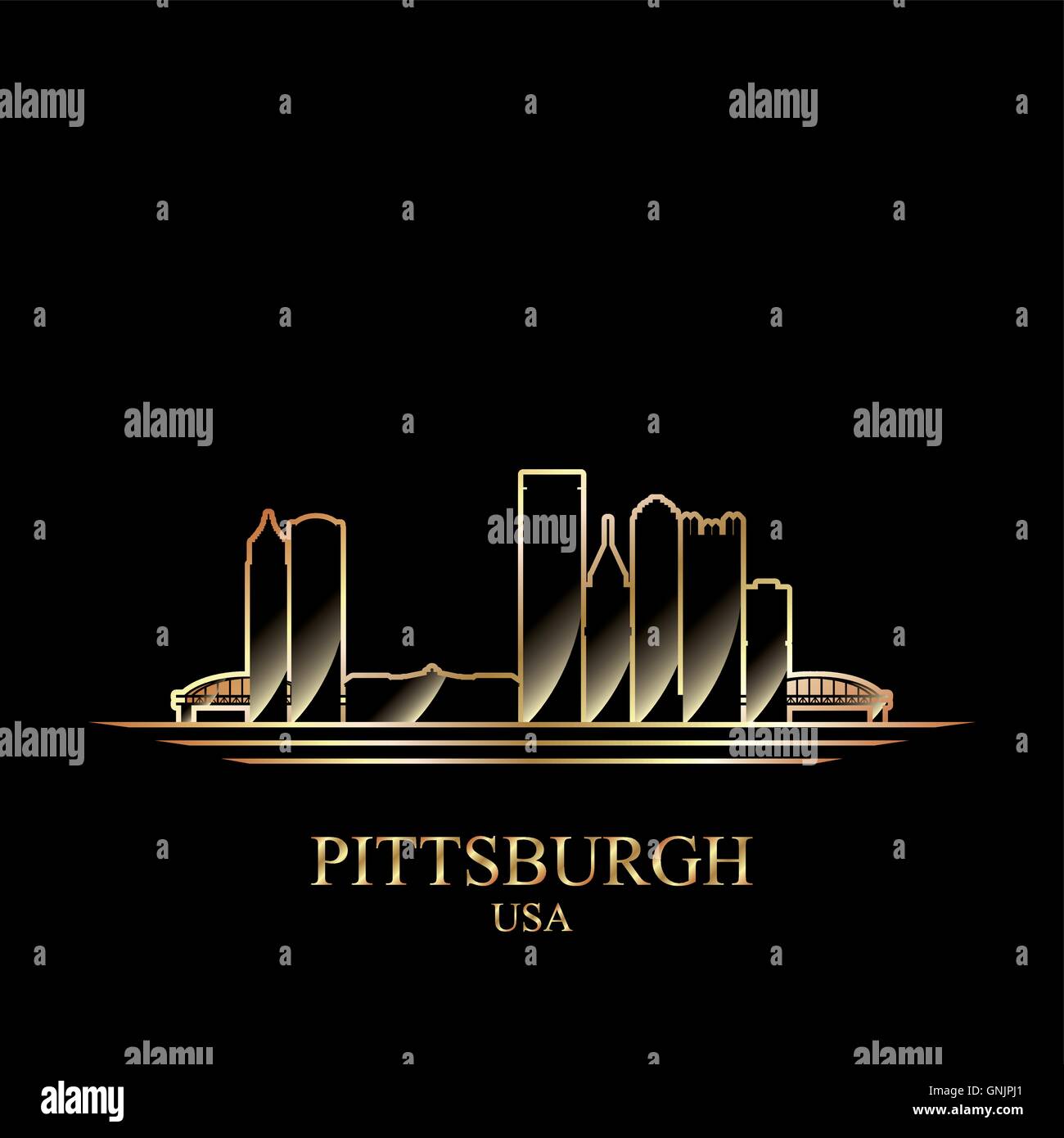 Gold silhouette of Pittsburgh on black background Stock Vector