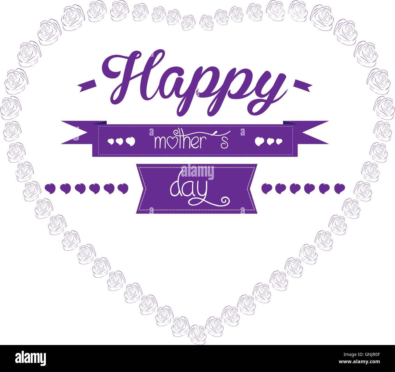 Isolated heart shape composed by roses and a ribbon with text on a white background Stock Vector
