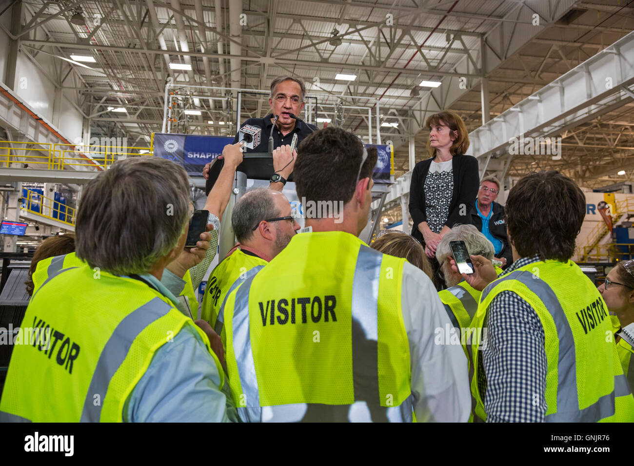 Sterling Heights, Michigan - Fiat Chrysler Automobiles CEO Sergio Marchionne talks with reporters. Stock Photo