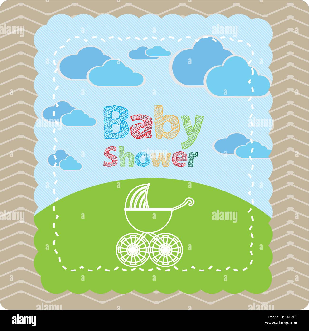 Isolated sticker with text and a stroller on a textured background ...