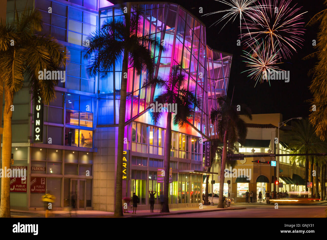 MULTI COLOR RAINBOW LIGHTS EQUINOX BUILDING FIFTH STREET MIAMI BEACH FLORIDA USA Stock Photo