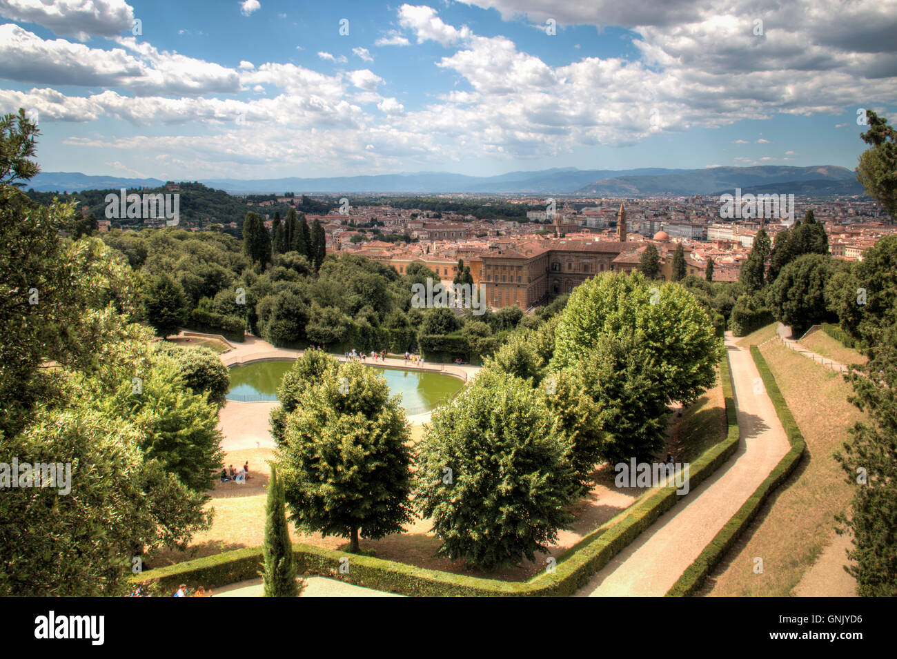 View over the famous Giardino di Boboli garden with a big pond in the middle  in Florence, Italy Stock Photo