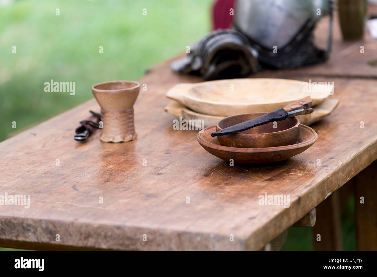 medieval objects rebuilt to a historical reenactment Stock Photo