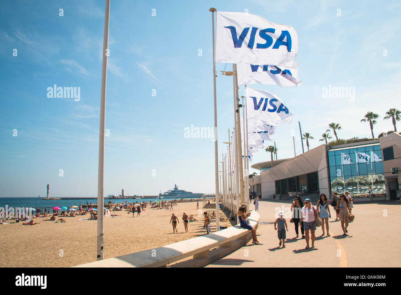 CANNES, FRANCE JULY 2016 A row of VISA flags at the coast of Cannes