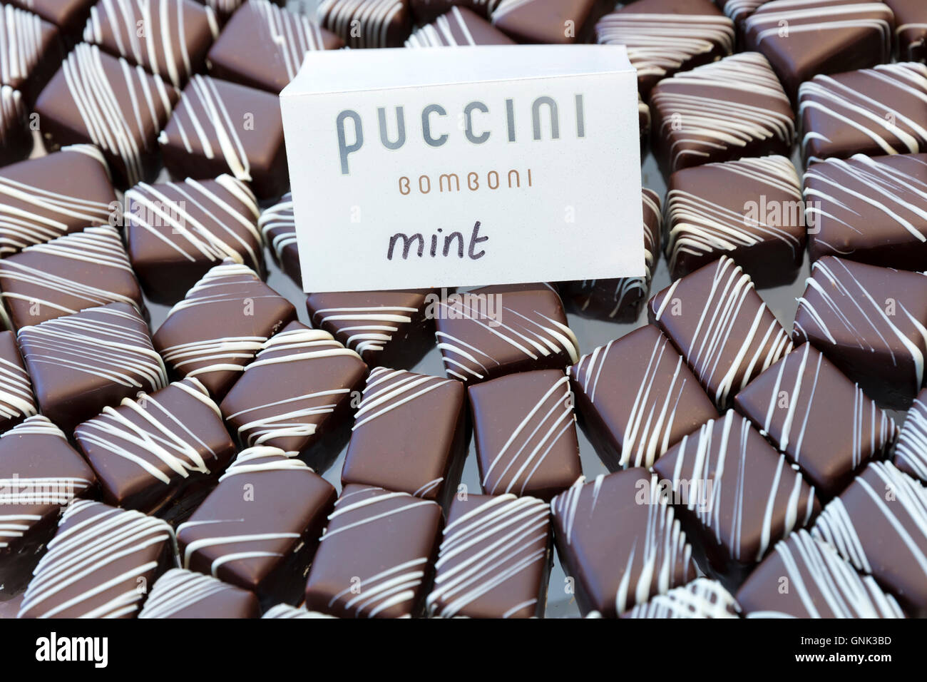 Puccini Bomboni chocolate shop selling exotic mint chocolates as treats in the Old Town of Amsterdam, Holland Stock Photo