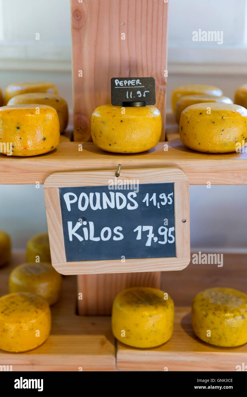 Gouda cheese prices Metric Kilos and Imperial Pounds in Dutch cheese shop, Jordaan district, Amsterdam, Holland Stock Photo