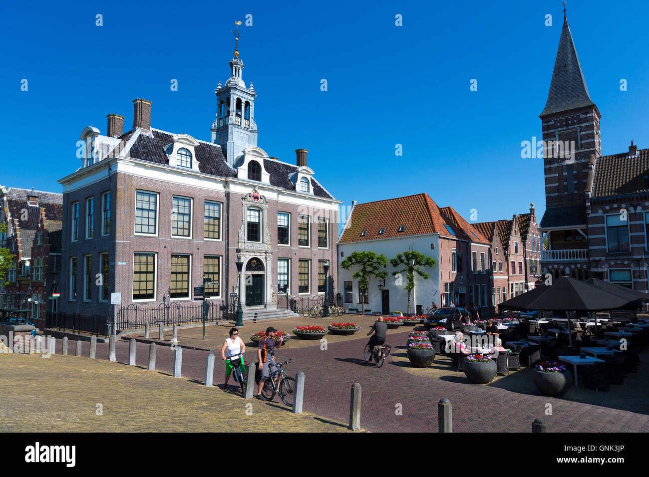 Cafe, Town Square and traditional architecture in Edam, The Netherlands Stock Photo