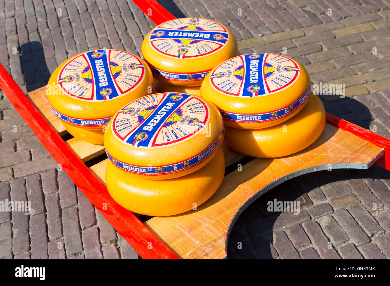 Display of wheels of Beemster aged gourmet Gouda cheese at Alkmaar