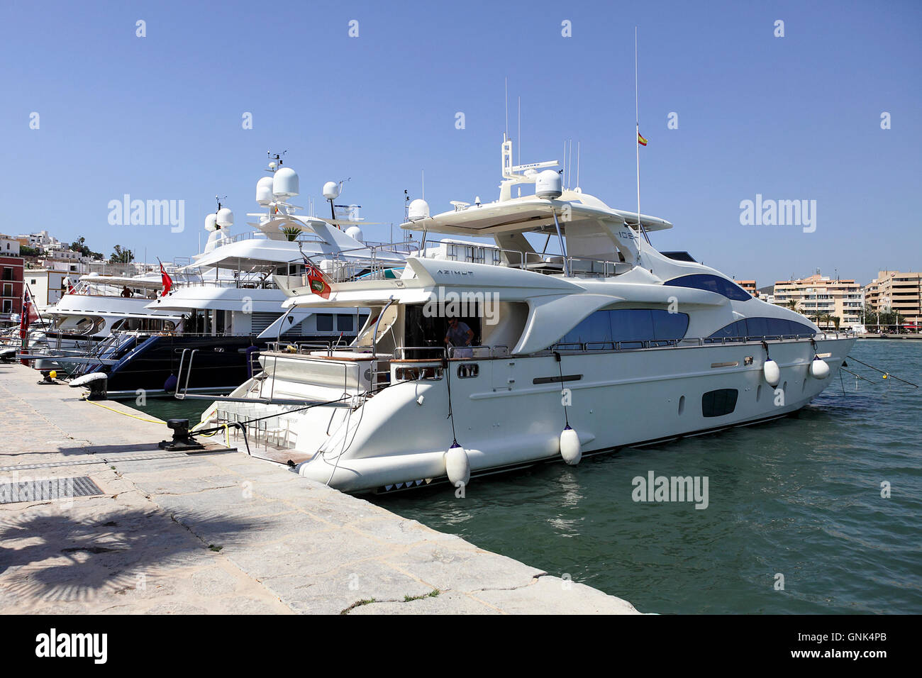 Various luxury yachts at their moorings in the Port at Old Town (Eivissa). Most being