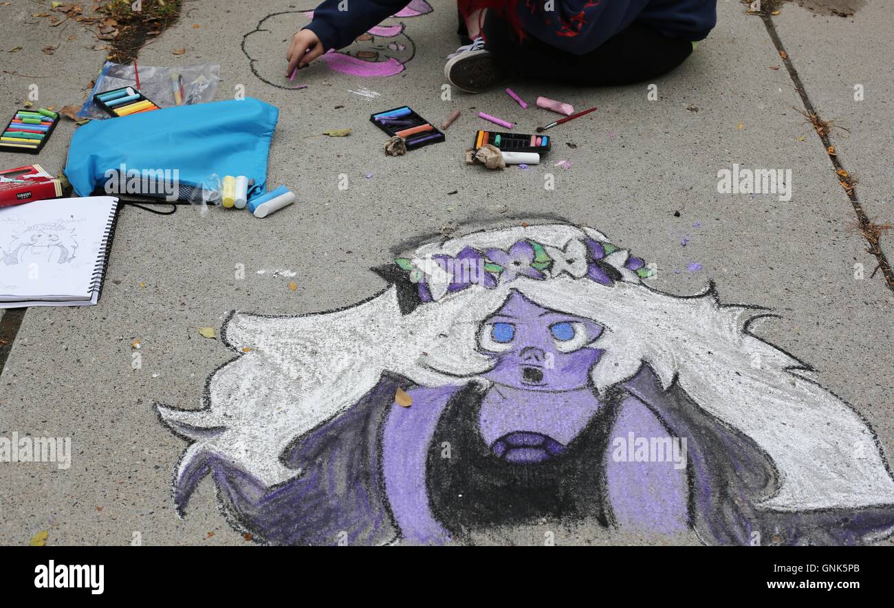Sidewalk chalk drawings at the Chalk Walk Arts Festival in Minneapolis. Stock Photo