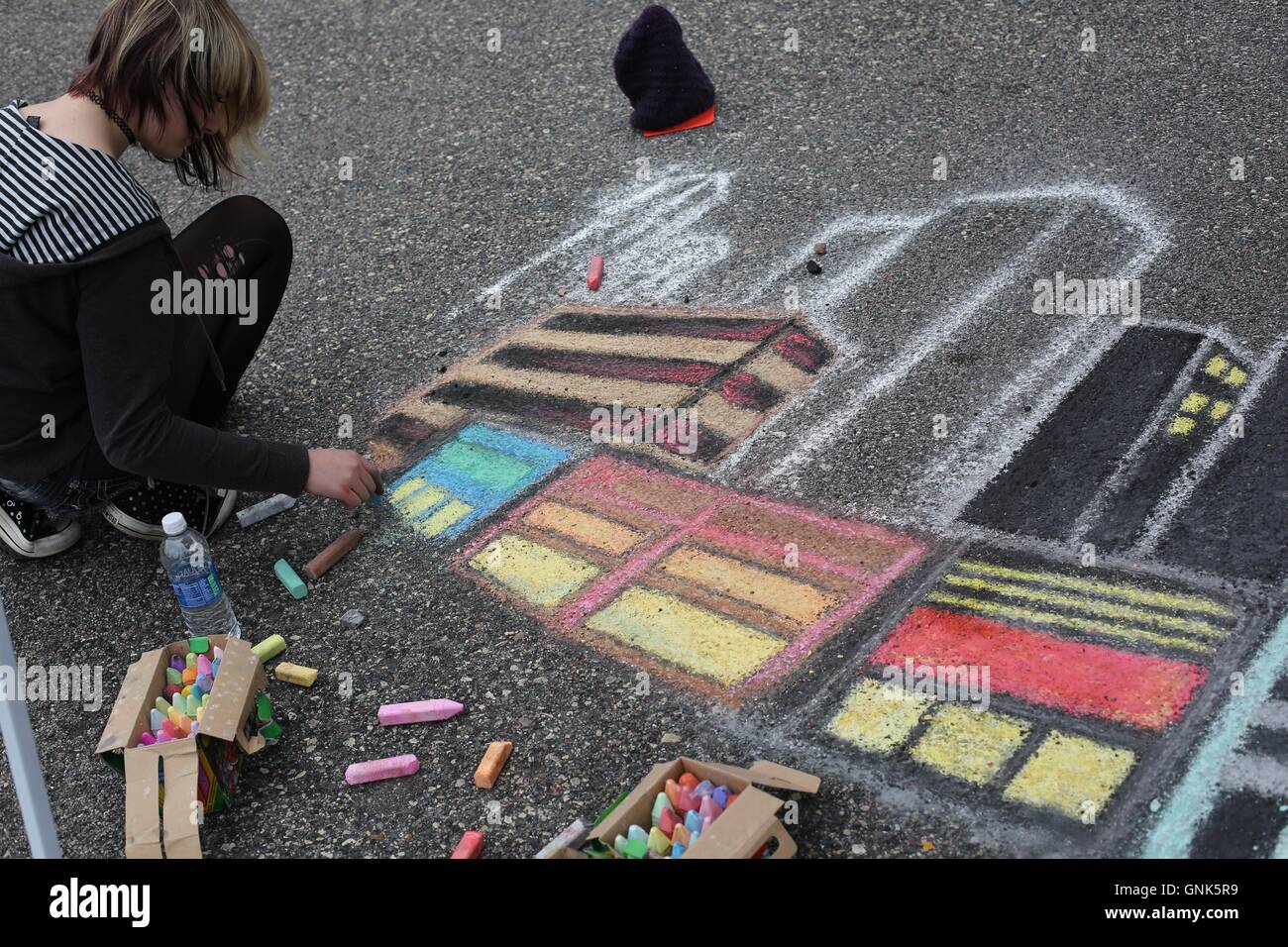 Sidewalk chalk drawings at the Chalk Walk Arts Festival in Minneapolis. Stock Photo