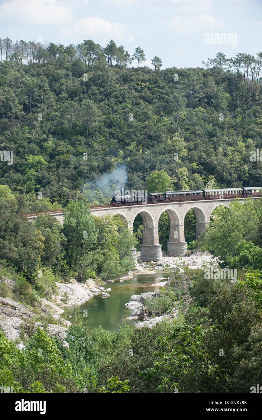 Steam train vintage railway viaduct scenic stone wooded valley tourist attraction river scenery wagons famous France retro view Stock Photo