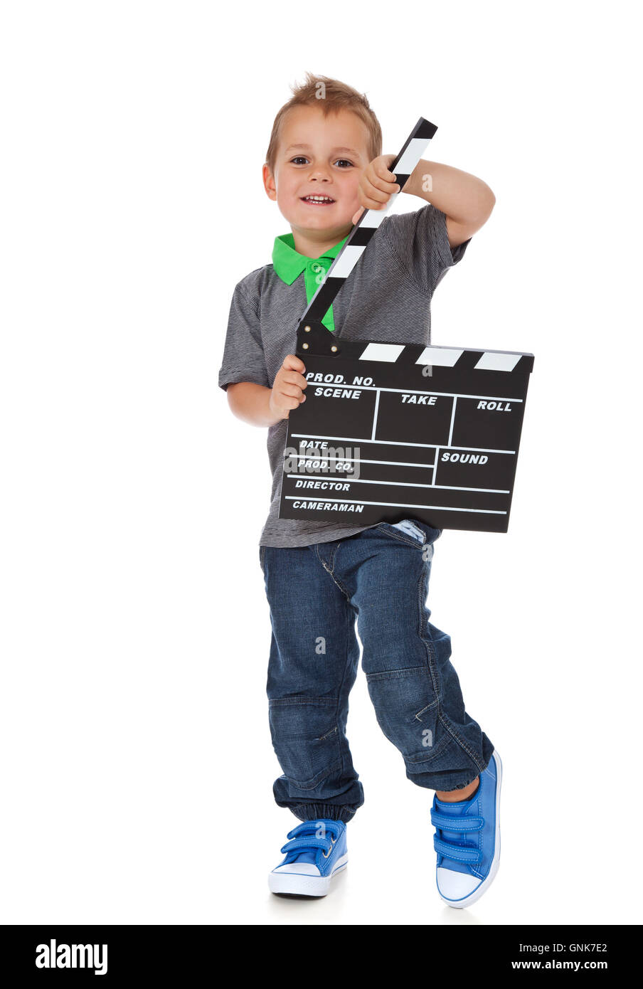Boy holding clapperboard Stock Photo