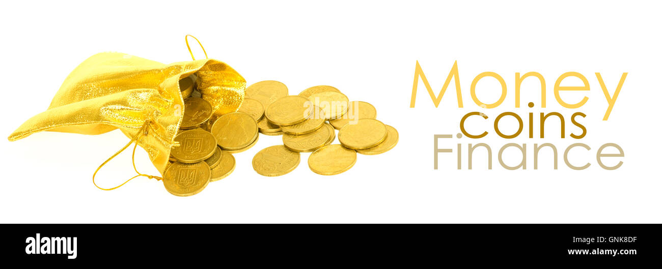 Money coins in golden bag isolated on white Stock Photo - Alamy