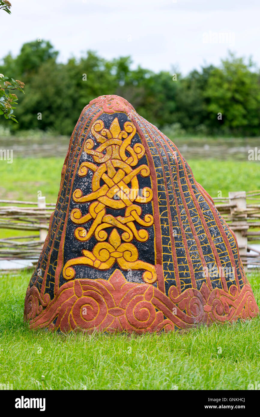 Historic traditional rune stone at Ribe Viking Center heritage centre ...