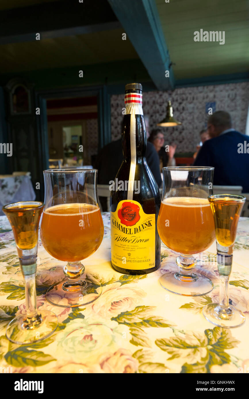 Gammel Dansk bitter dram with local beer in glasses at Sonderho Kro