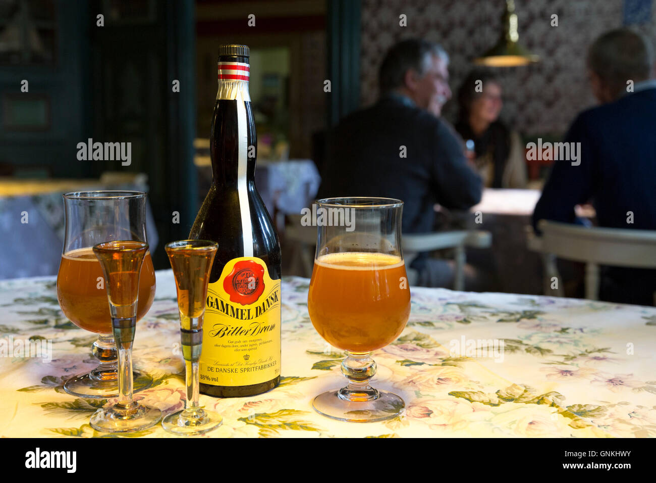 Gammel Dansk bitter dram with local beer in glasses at Sonderho Kro