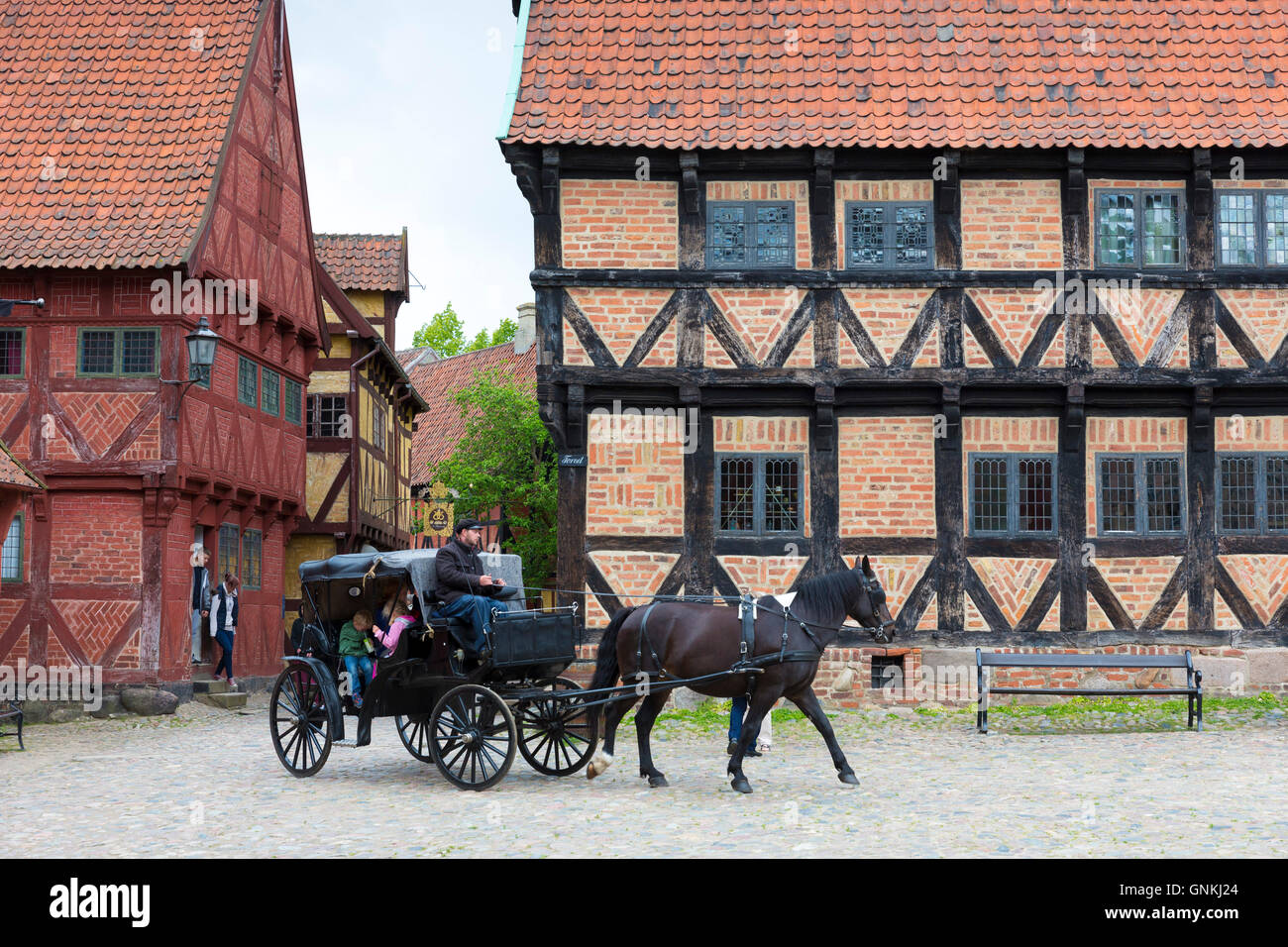 Horse and carriage at Den Gamle By, The Old Town, open-air folk museum at Aarhus,  East Jutland, Denmark Stock Photo