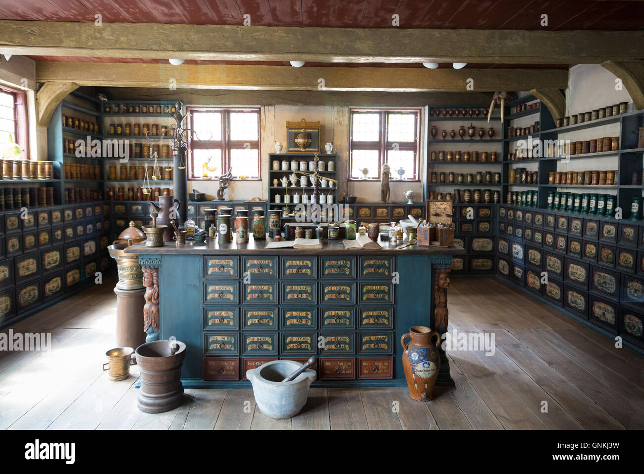 Pharmacy / apothecary interior at Den Gamle By, The Old Town, open-air folk museum at Aarhus,  East Jutland, Denmark Stock Photo