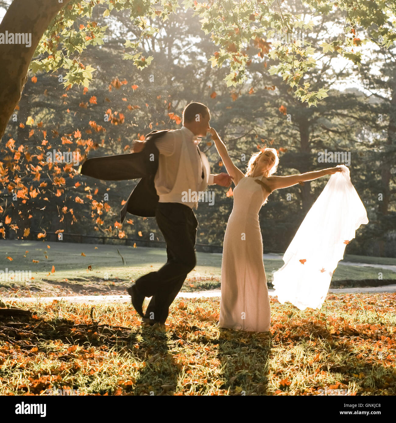 Bride and groom dancing in a forest Stock Photo - Alamy