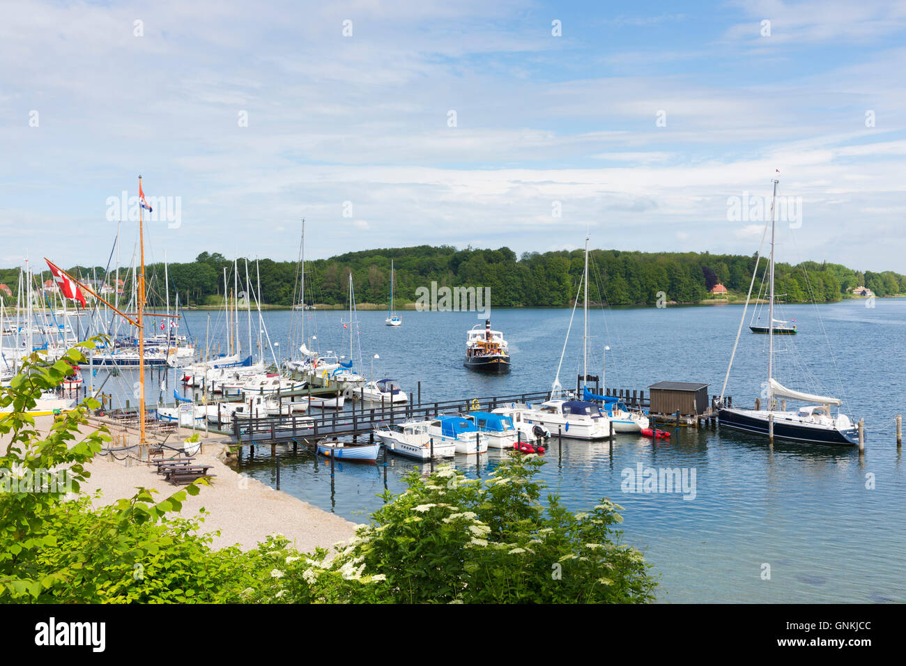 Boats in harbour scene at Tasinge Island off Svendborg, of South Funen Archipelago, Denmark Stock Photo