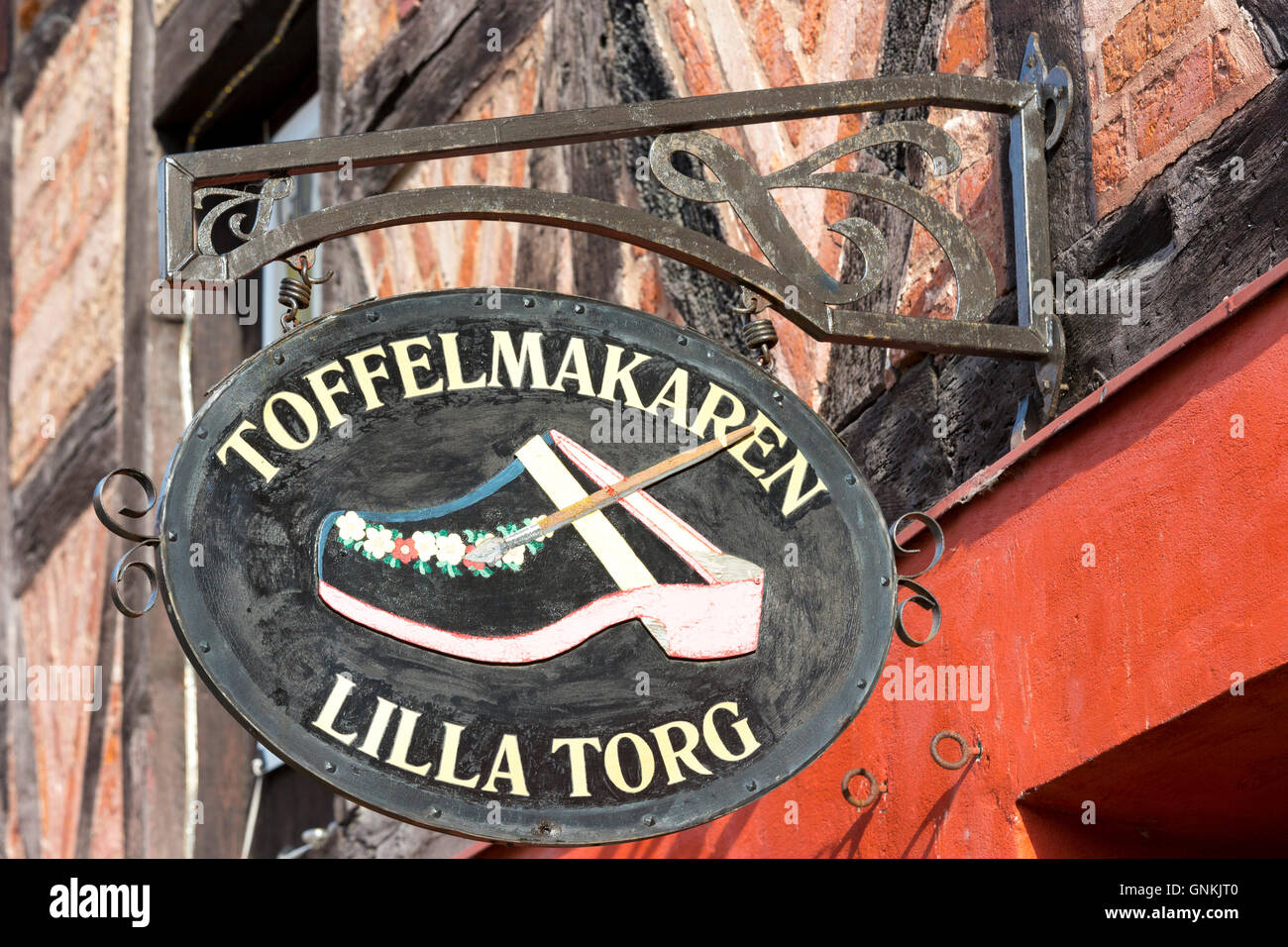 Lilla Torg clog and shoe maker shop in old town square in Malmo, Sweden Stock Photo