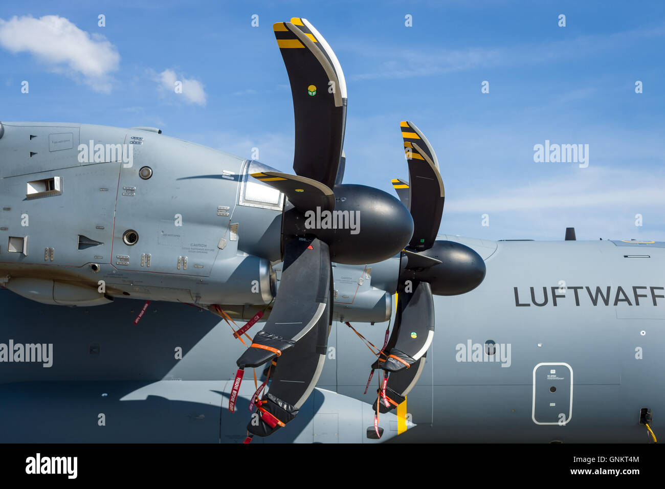 Turboprop engine Europrop TP400-D6 of military transport aircraft Airbus A400M Atlas. Stock Photo