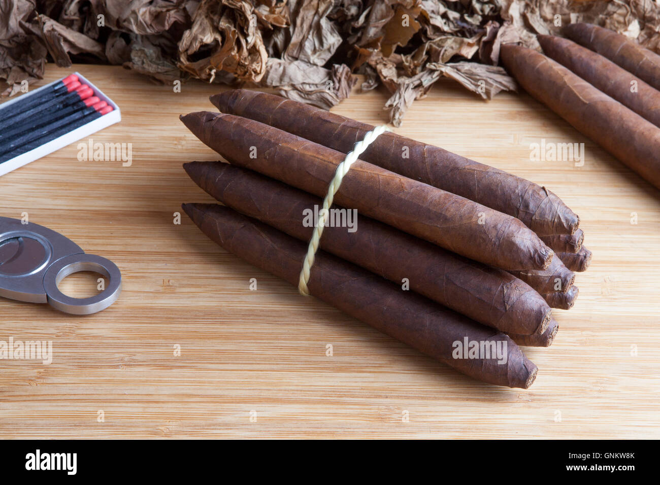 Cigar tobacco leaf wood board, Nicaraguan Tobacco long filer Stock Photo