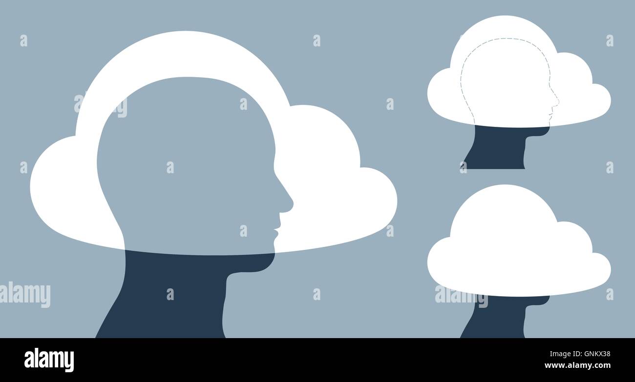 Vector image of clouds covering human heads against gray background Stock Vector