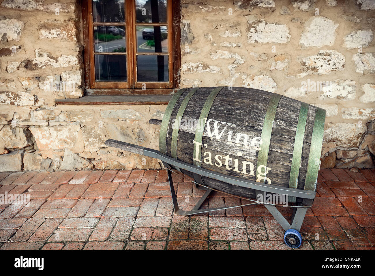 Adelaide, Australia August 13, 2016Old barrel with wine tasting text installed near cafe
